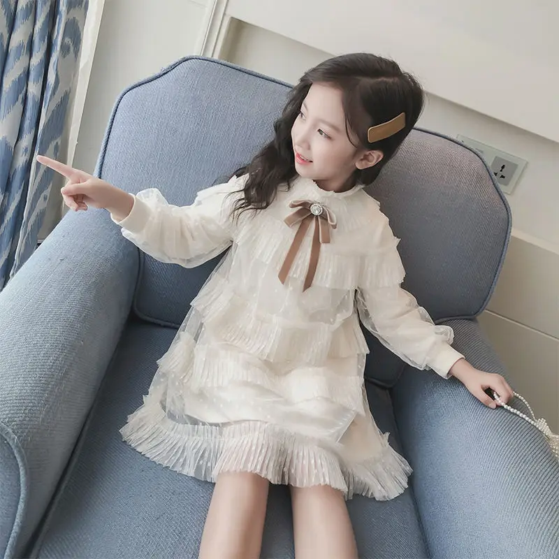 

2023 Spring Dress for Girls Clothes Children Solid Color Fringed Mesh Bow Cake Skirt with Fashion Princess Dress Kids Costume