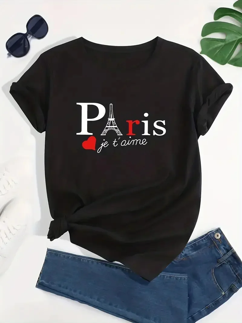 

Eiffel Tower & Letter Print T-Shirt, Casual Crew Neck Short Sleeve T-Shirt For Spring & Summer, Women's Clothing