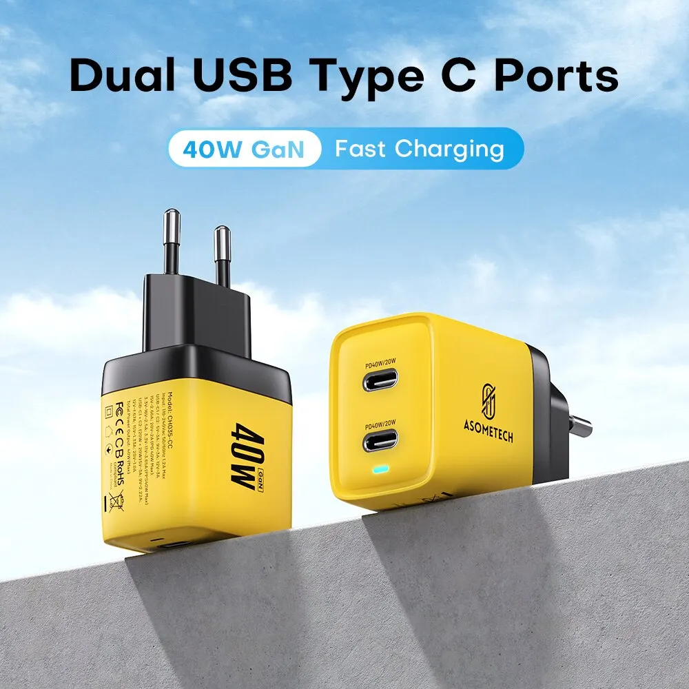 ASOMETECH 듀얼 USB C 타입 고속 충전기, 40W GaN 충전기, QC4.0 PPS PD 휴대용 휴대폰 충전기, 아이폰 16, 삼성 S23, 아이패드 태블릿용