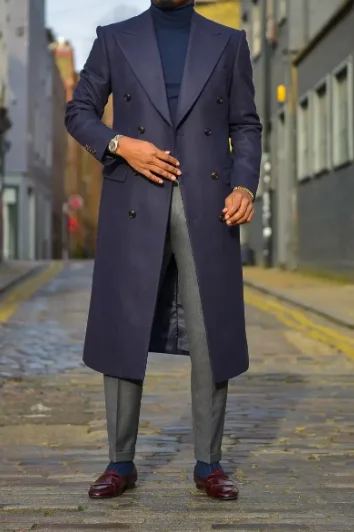 2023 New Style Winter Formal Party Men Suit Navy Blue Double Breasted Chic Long Jacket Outdoor Spring Coat 1 Pieces