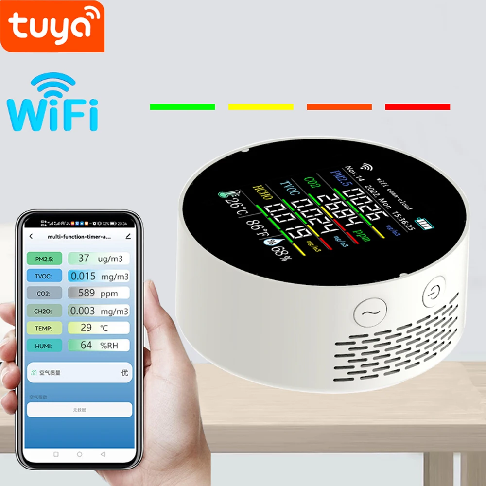 

Wifi Smart Air Quality Meter 7in1 PM2.5 CO2 TVOC HCHO AQI Temperature Humidity Tester Support APP Control with Calendar Function