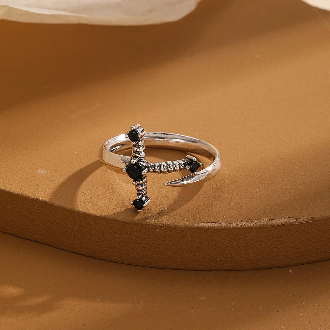 Kinitial Sword ring, Dagger ring, adjustable ring, sword jewelry, gothic ring, gothic jewelry, black CZ sword ringsword ring