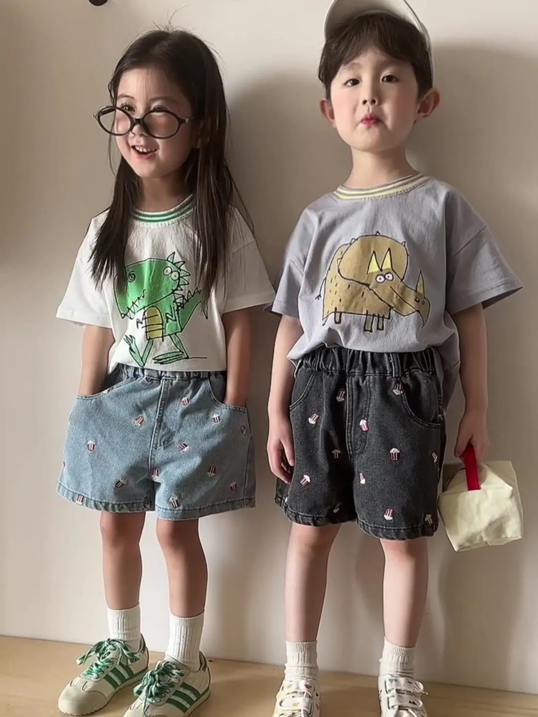 Kids Denim Shorts with Popcorn Embroidery for Boys Girls