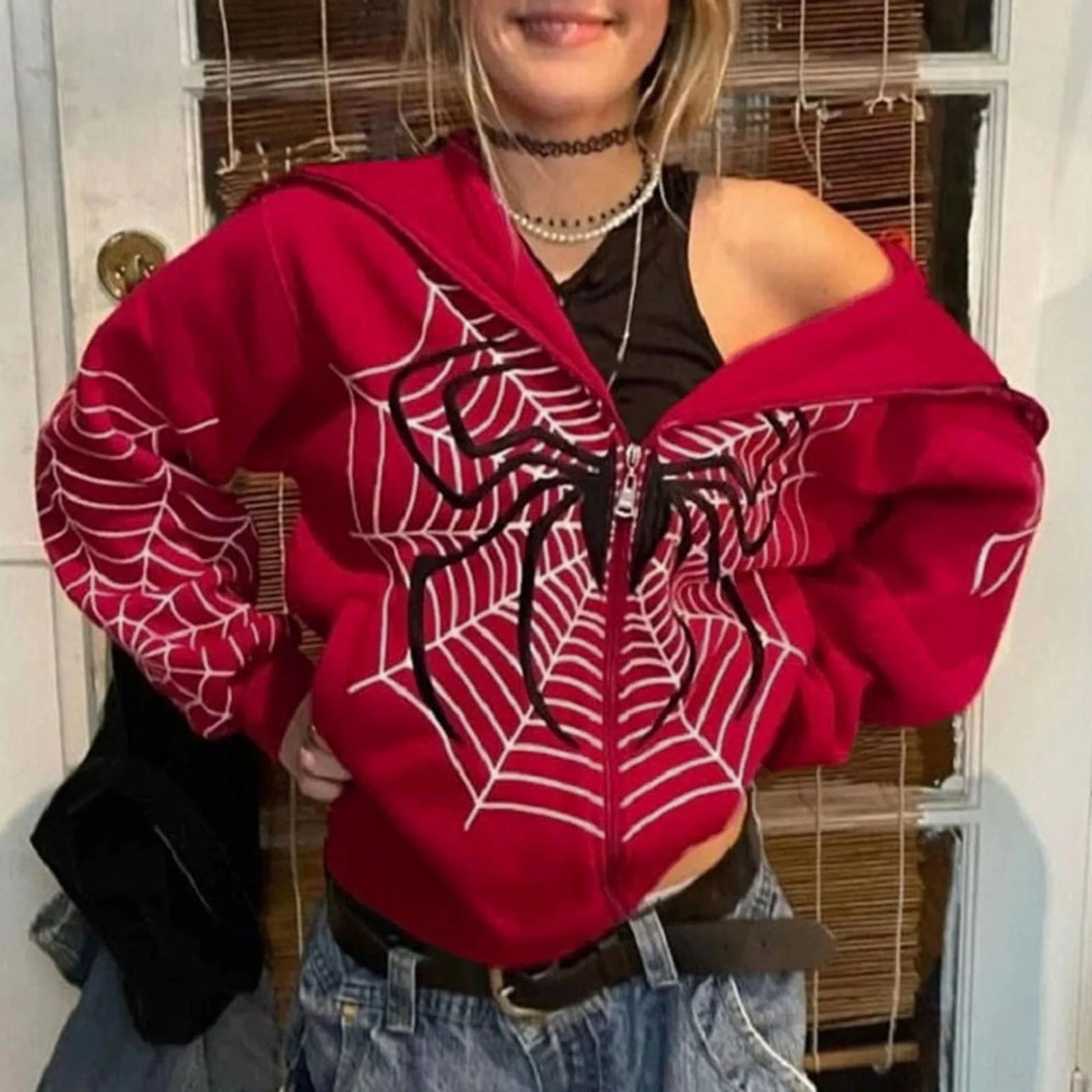 

Y2k Emo Women Streetwear Hoodie Spider Web Red Zip Up Hoodies Grunge Oversized Sweatshirt Gothic Harajuku Alt Jackets Clothes