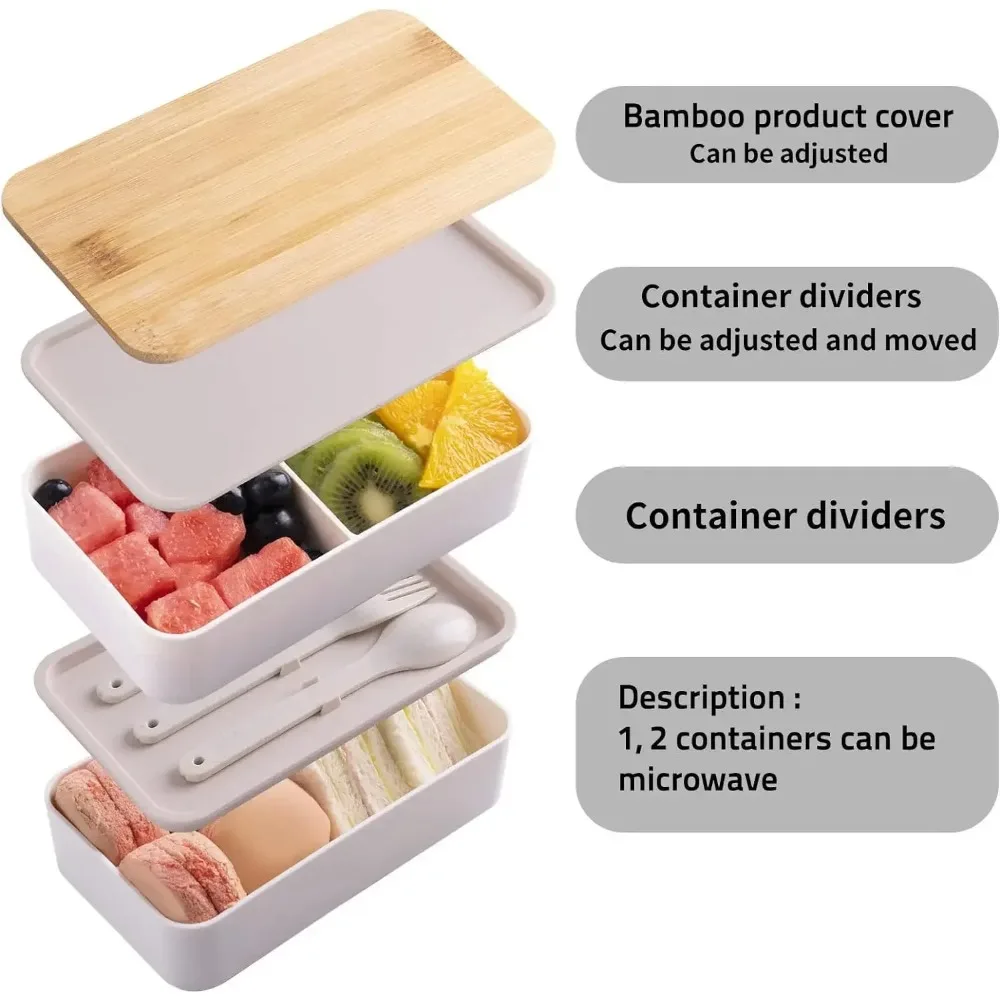 Adult Bento Lunch Box, 2-Tier Food Storage Container Set with Cutlery for Kids/children, Crisper Microwave and Dishwasher Safe - 2