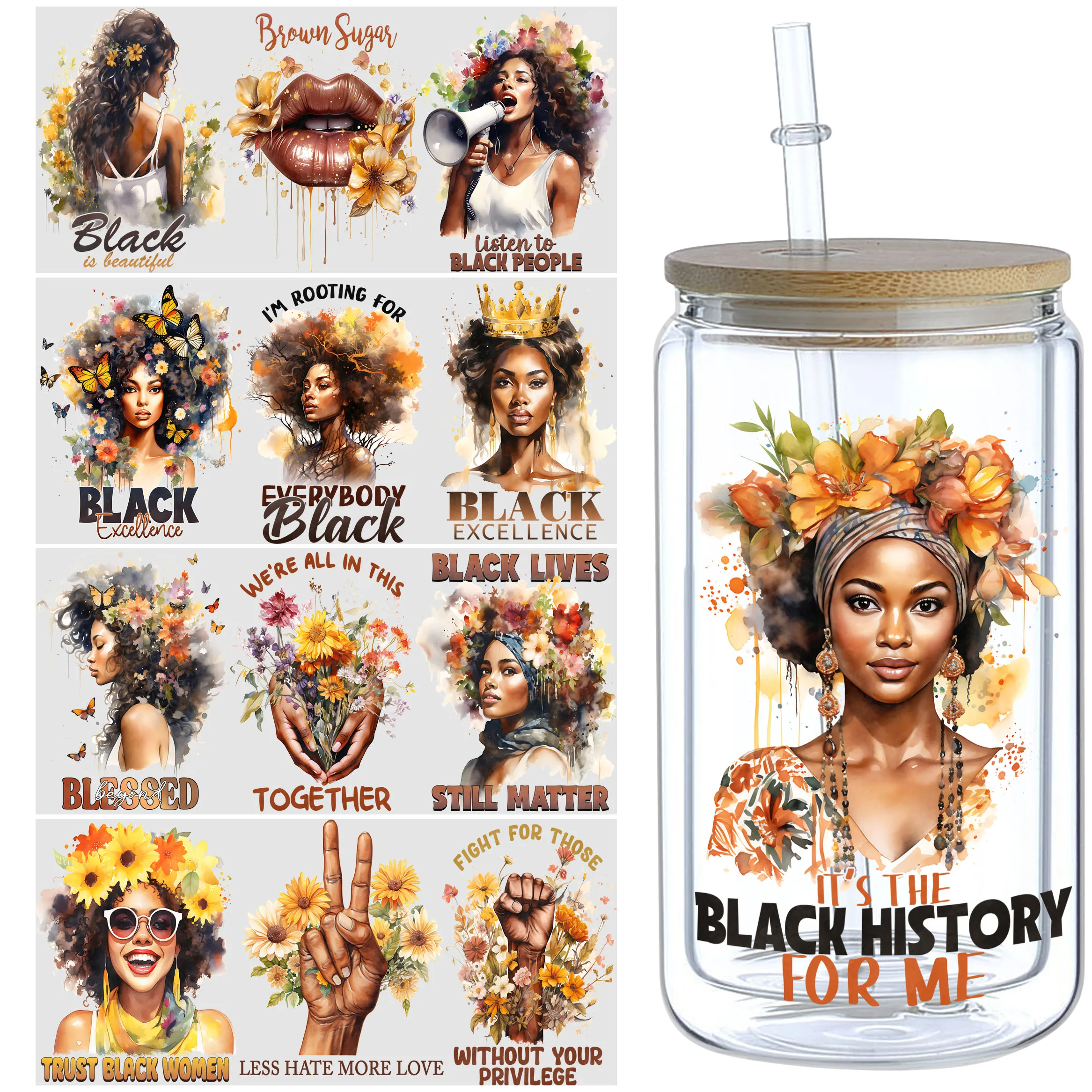 Black Queen UV DTF Cup Stickers 5 Sheets Glass DTF Transfer Stickers Waterproof Wipe Transfer Paper for 16 oz Glass Mugs