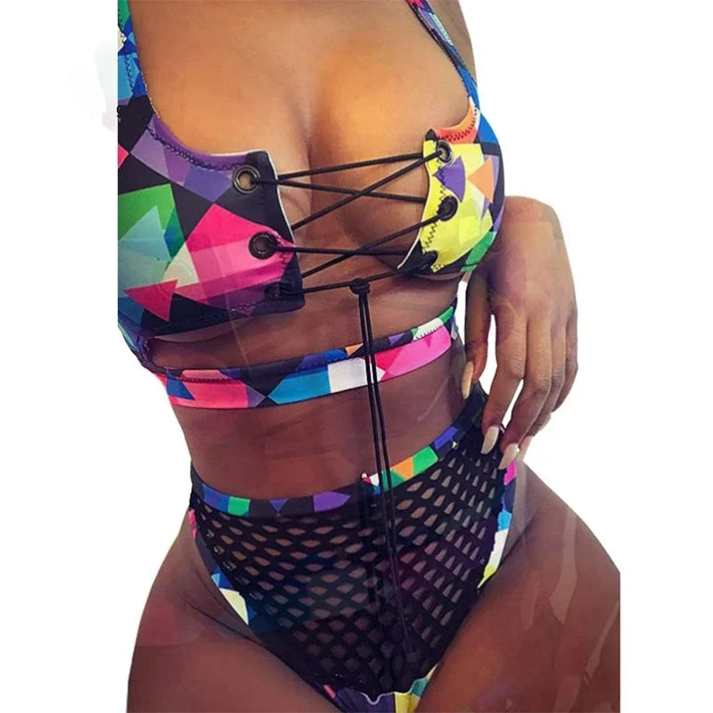 

2024 Women Tankini Swimsuit Bikinis Set Sexy Bandeau Push Up African Print Thong Cross Lace Up Swimwear Biquini Bathing Suit