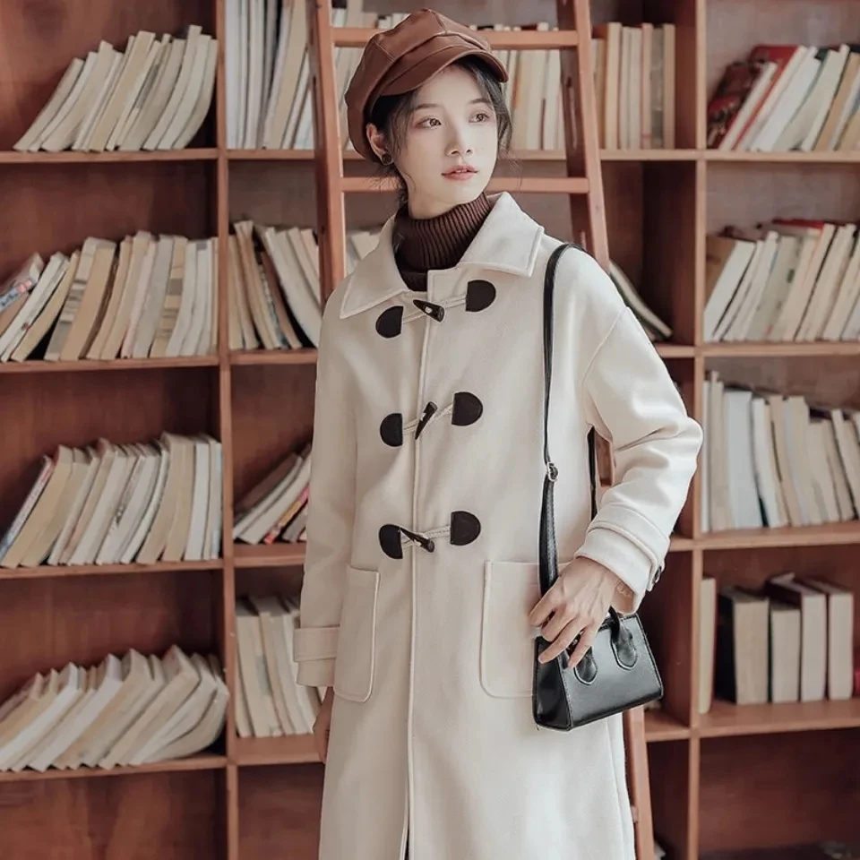 

Retro Horn Button Wool Coats Womens Long 2022 Autumn Winter New Korean Fashion Loose Thick Woolen Jackets Women Trench Coats