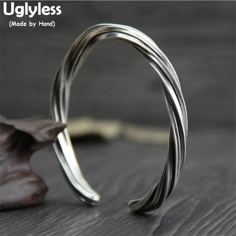 

Uglyless Real S 999 Fine Thai Silver Women Statement Dress Jewelry Handmade Weave Texture Twisted Bangle Adjustable Open Bangles