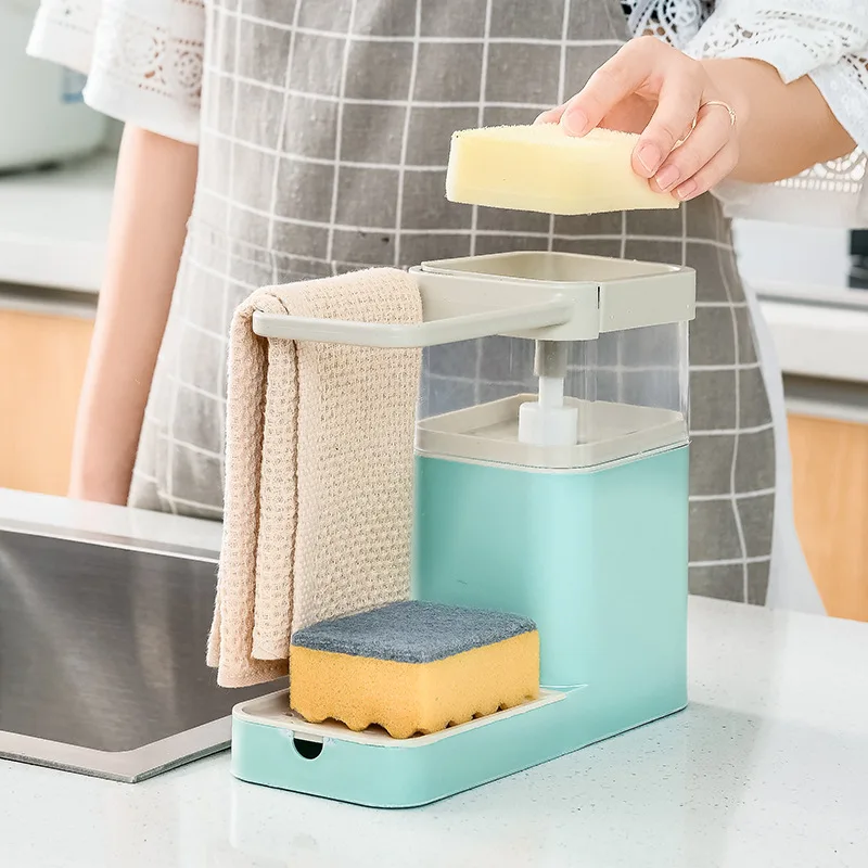 Kitchen Soap Dispensers with Towel Bar Tray Storage Rack Manual Press Detergent Container Kitchen Sink Accessories