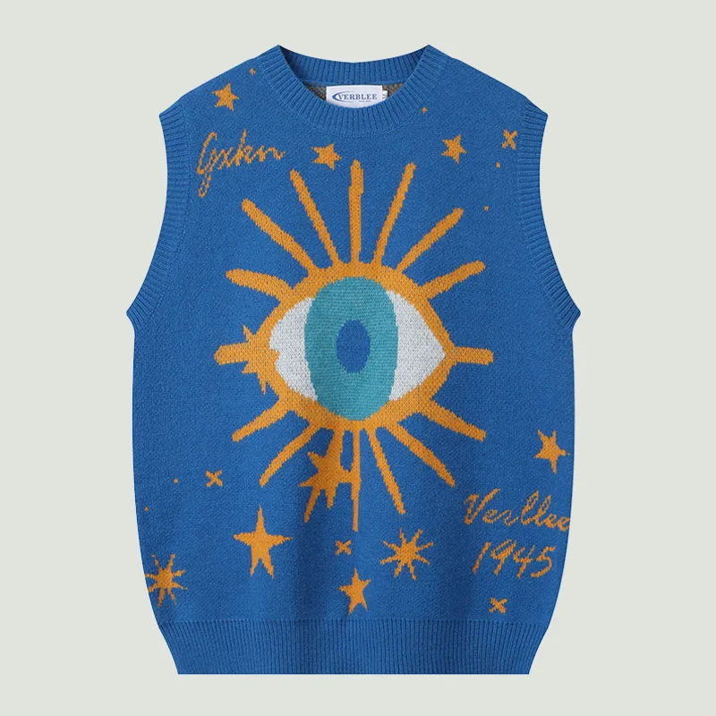 

Hip Hop Big Eyes Patchwork Knitted Vests Mens Harajuku Star Pattern Print Sleeveless Sweater Casual Loose O-Neck Pullover Unisex