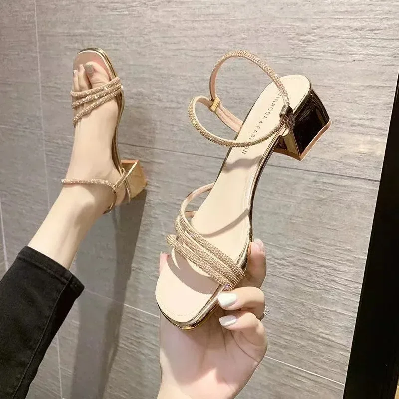 New Women's Square Head Sandals Elegant Dress High Heels Outdoor Fashion Shiny Rhinestone Open Toe Casual Lady's Shoes