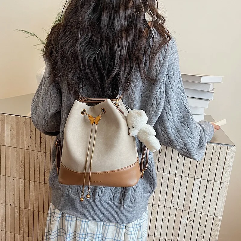 Women Faux Suede Drawstring Crossbody Purse with 2 Strap Medium Tote Bag for Travel Shopping Daily Use