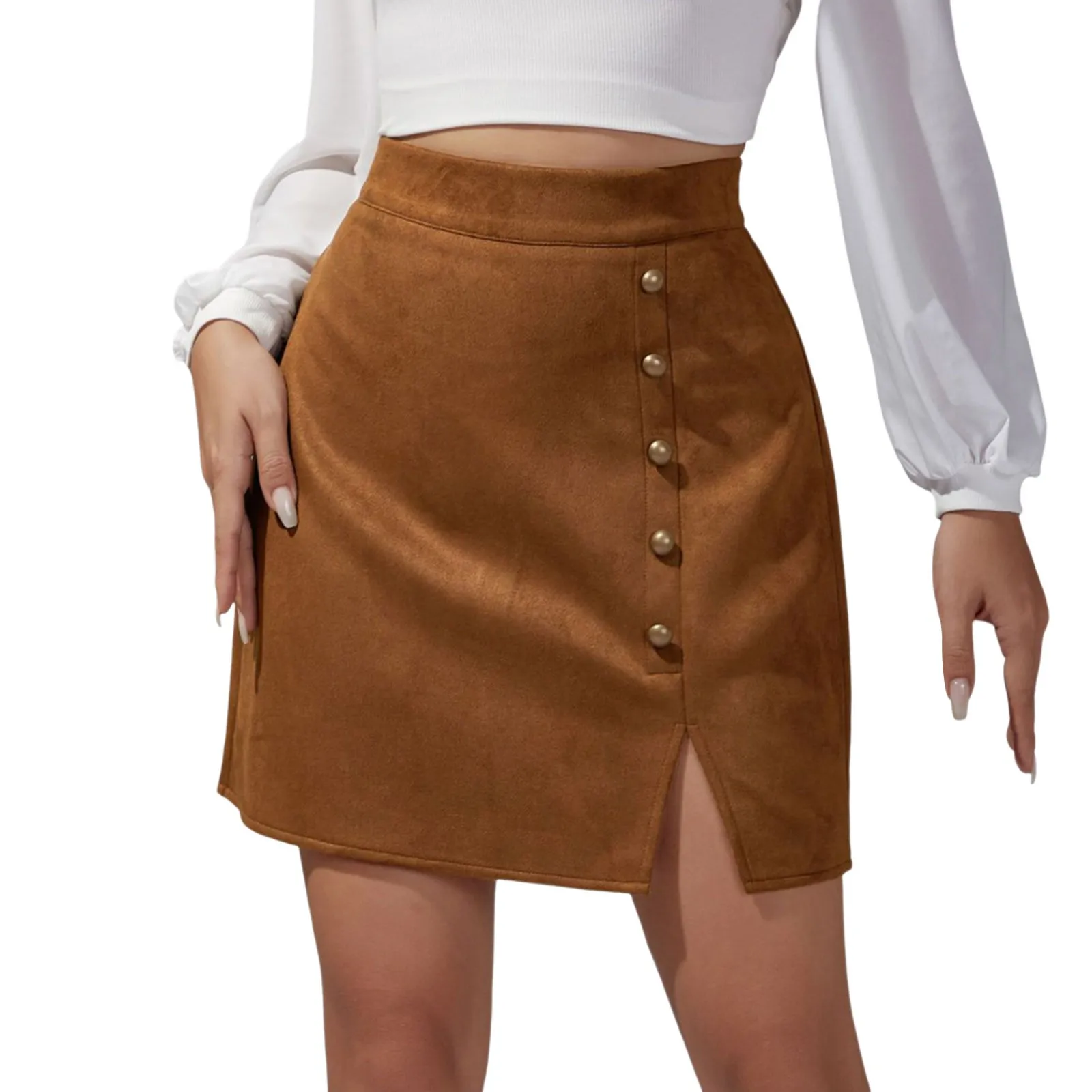 

Autumn And Winter Women's Solid Color Suede Skirt European And American High Waist Metal Buckle Hip Skirt High Low Skirt