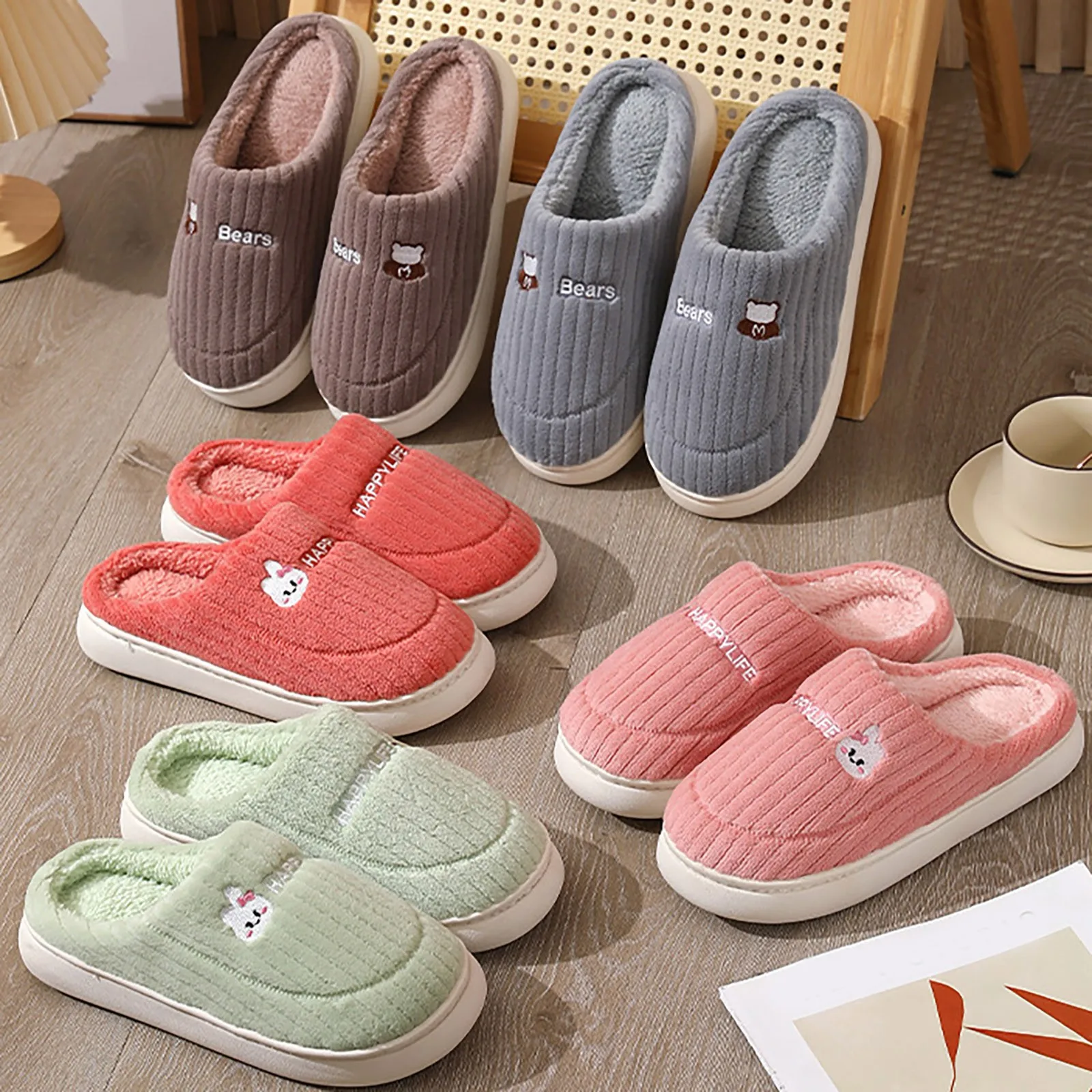 

Women Indoor Slippers Warm Plush Knitted Fabric Lovers Home Cotton Slipper Soft Sole Winter Shoes Woman Men Floor Slides