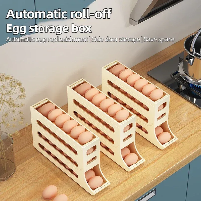 2 pcs 4-layer automatic egg rolling rack, refrigerator egg storage box, refrigerator egg dispenser, refrigerator storage cabinet