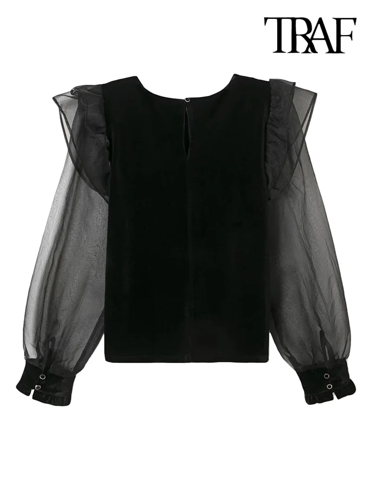 Women Fashion Patchwork Ruffles Velvet Blouse Vintage O Neck Long Sleeve Female Shirts Blusas Chic Tops - Image 2