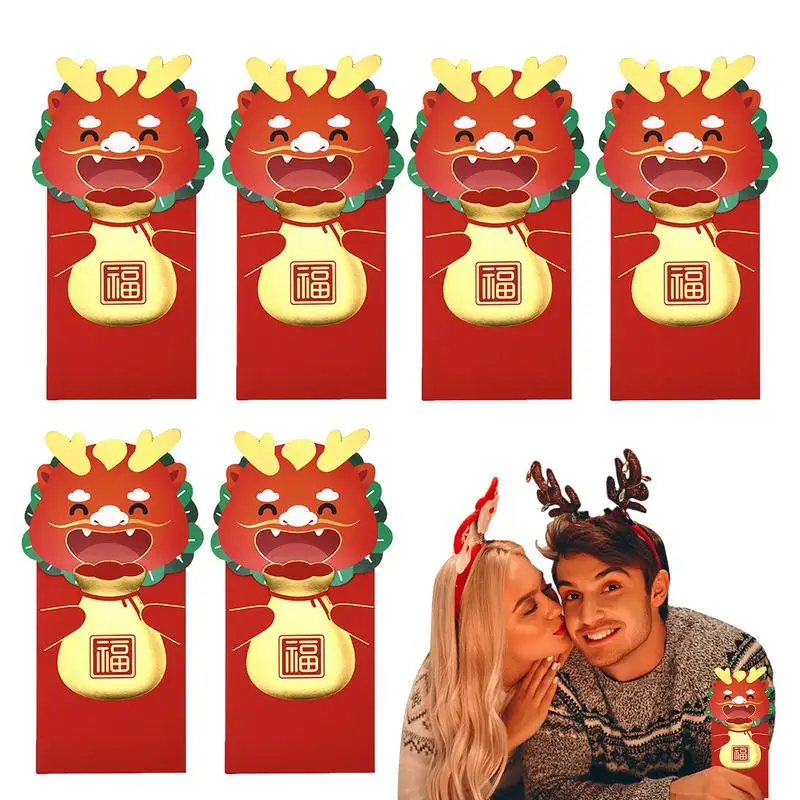 

6pcs Dragon Year Red Envelope Packets Lunar New Year Good Luck Envelope Spring Festival Lucky Money Bags Hongbao Blessing Gift