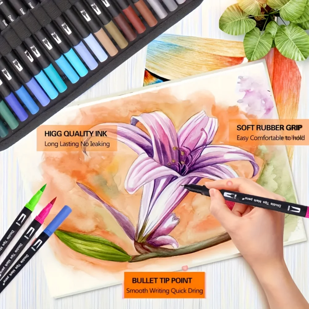 Dual Brush Marker Pens, Künstler-Markierungsset, Fineliner und Pinselspitze mit Premium-Etui für Malbücher, Tagebuch für Erwachsene – Detail 7