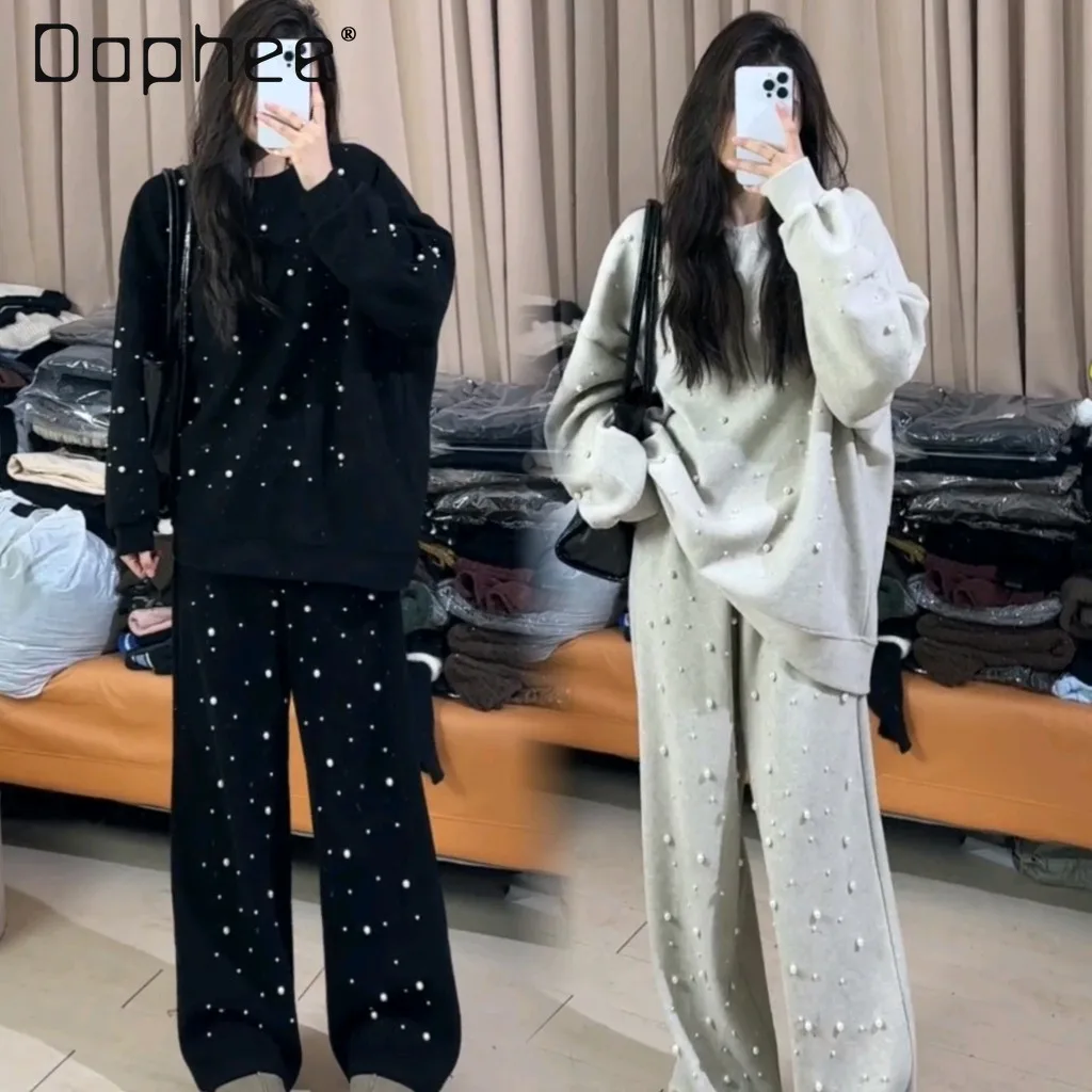 Fashion Bead Leisure Sports Suit for Women Spring Autumn Loose Crew Neck Pullover Sweatshirt and Wide Leg Pants Two-Piece Set летняя женская футболка solid color bead piece без рукавов жилет топы топы