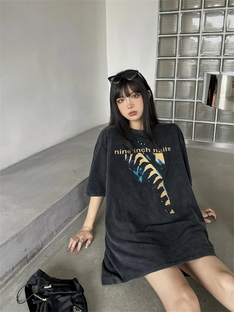 

Vintage NIN t shirts nine-inch nail printing washed retro oversized T-shirt high street loose popular T-shirt men and women