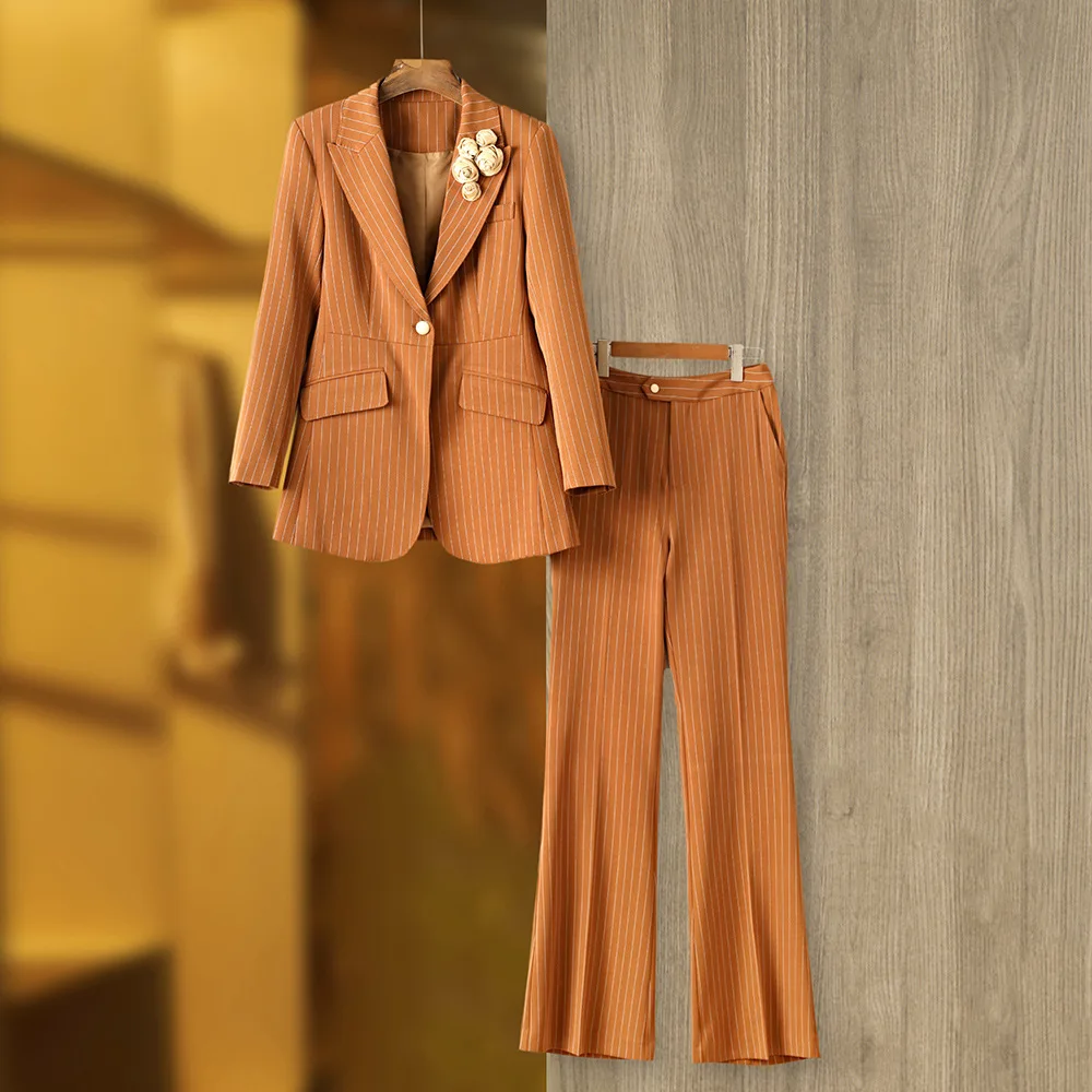 

Brown Striped 3D Dimensional Flower Decoration Blazer Pants Trousers Flare Pants Business Wear Suit WomenTwo Piece Set Outfits