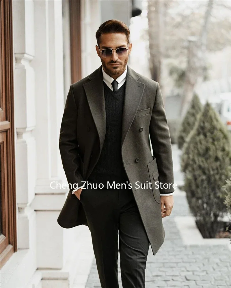 Mens Suit Trench Coat Notched Lapel Double Breasted Long Winter Jacket