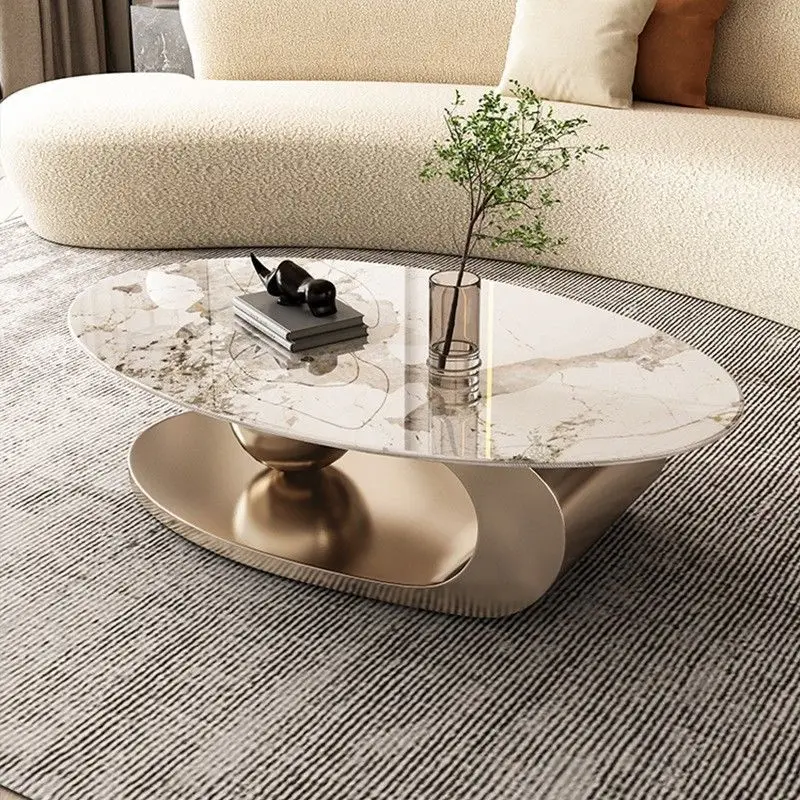 Contemporary Home Oval Gold Top Center Table Metal Living Room Furniture Modern Luxury Marble Slate Coffee Table