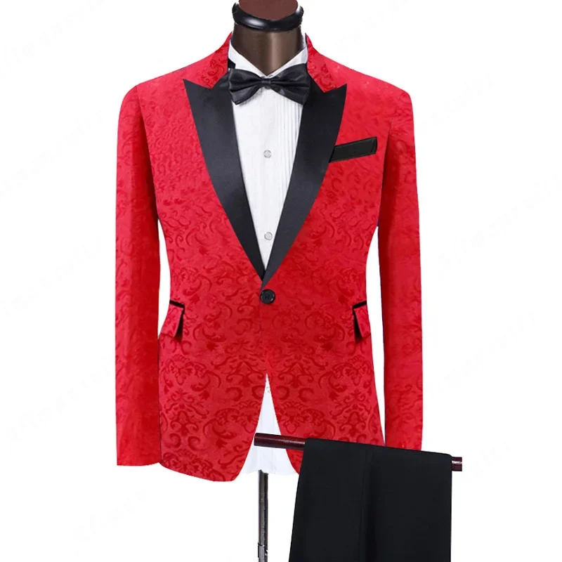 Floral Jacquard Prom Men Suit For Wedding With Black Pants 2 Piece Groomsmen Tuxedo Peaked Lapel Custom Man Fashion Set Jacket