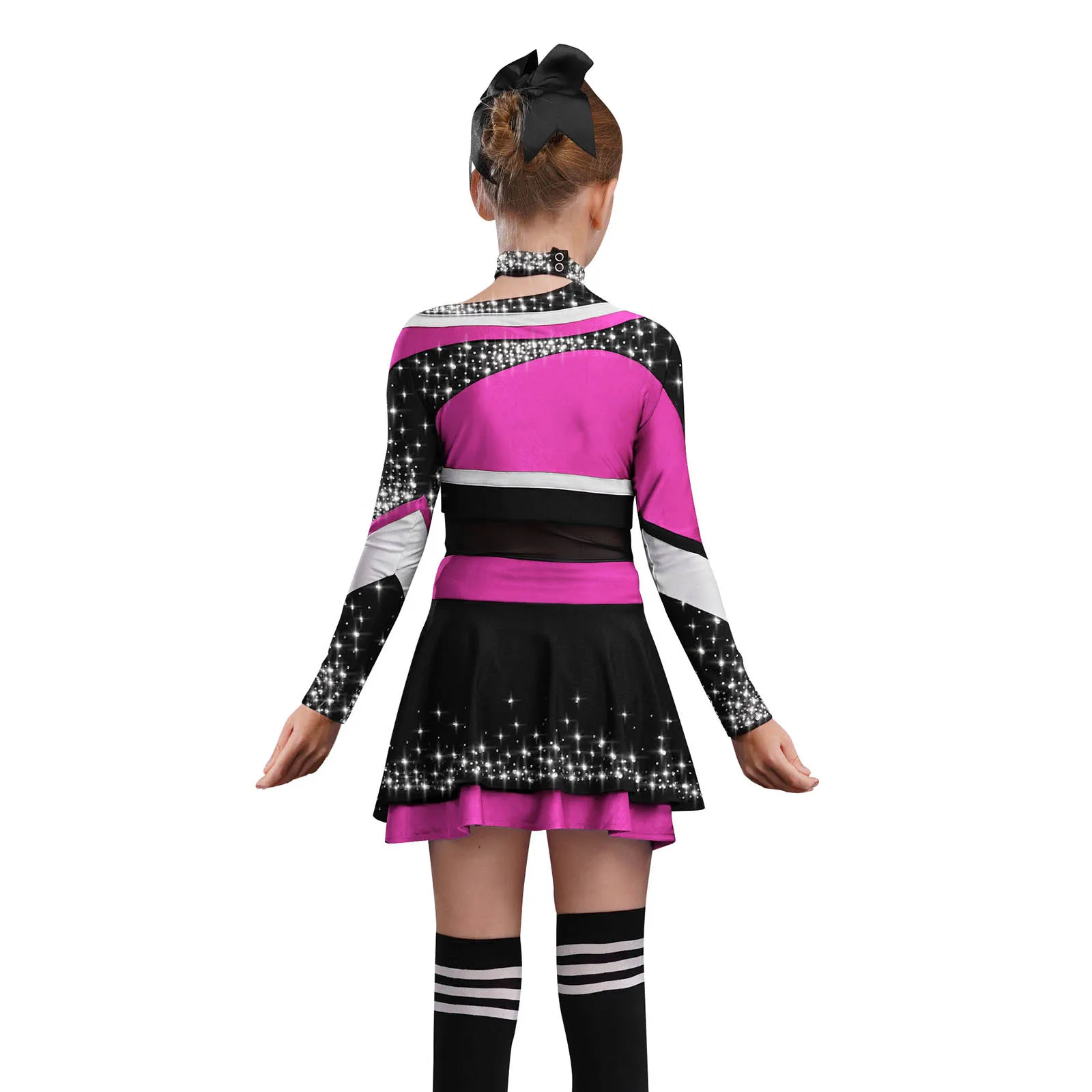 Cheerleading-Outfits für Kinder und Mädchen, Cheerleader-Tanz-Performance-Kostüm, langärmlig, mit Buchstaben-Aufdruck, glänzendes Strass-Oberteil mit Rock – Detail 3