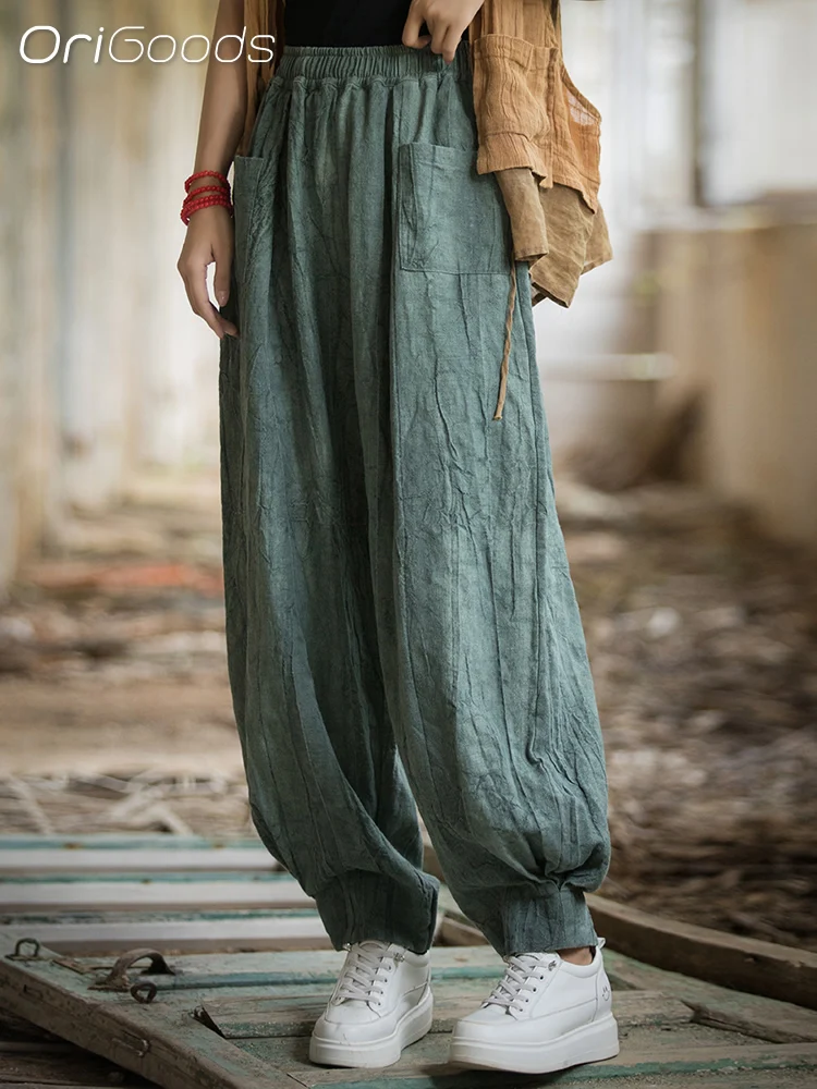 OriGoods 여성 하렘 팬츠 오리지널 디자인 라미 코튼 오버사이즈 젠 루즈핏 배기 팬츠 엘라스틱 웨이스트 디스트레스드 팬츠 B188