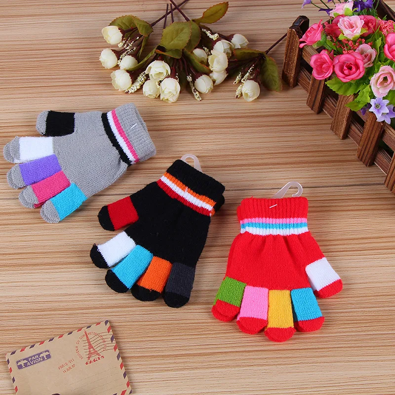 Winter Kids Knitted Gloves Rainbow Stripe Boys Girls Warm Mittens Autumn Colorful Children Elastic Full Finger Glove