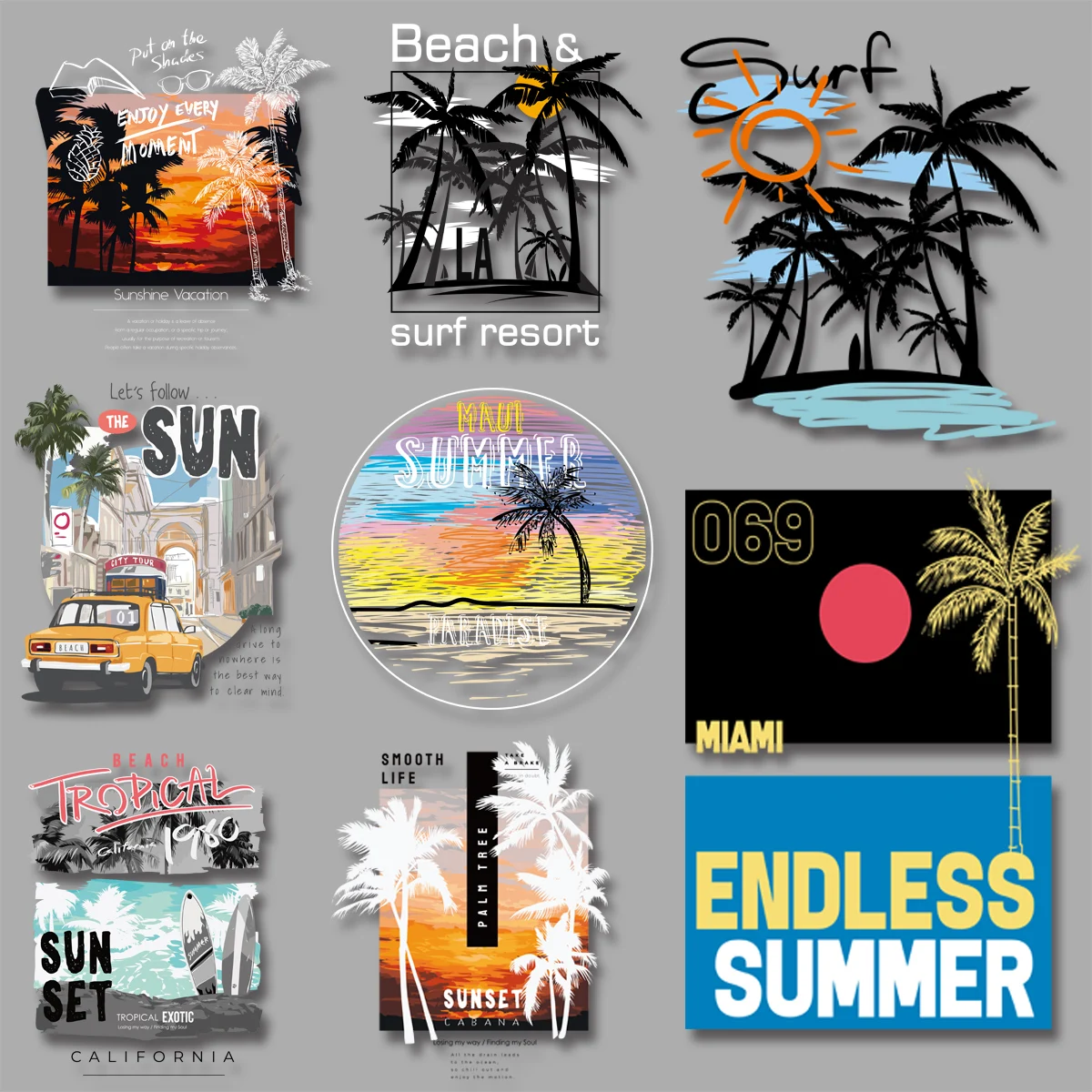 Stylish Summer Beach Coconut Tree Sunset Surf Letter "ENDLESS" "CALIFORNIA" Iron On Transfer Stickers Printed Decoration