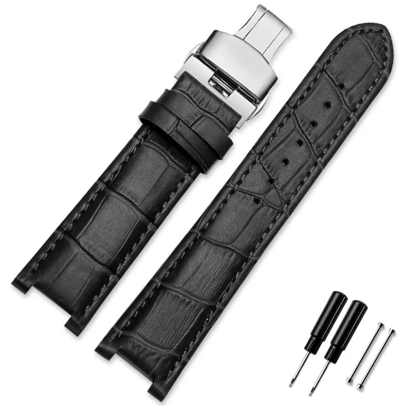 Genuine Leather Watchband with Stainless Steel Butterfly Buckle