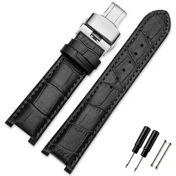 Genuine Leather Watchband with Stainless Steel Butterfly Buckle - 22 - 13mm (Black silver)
