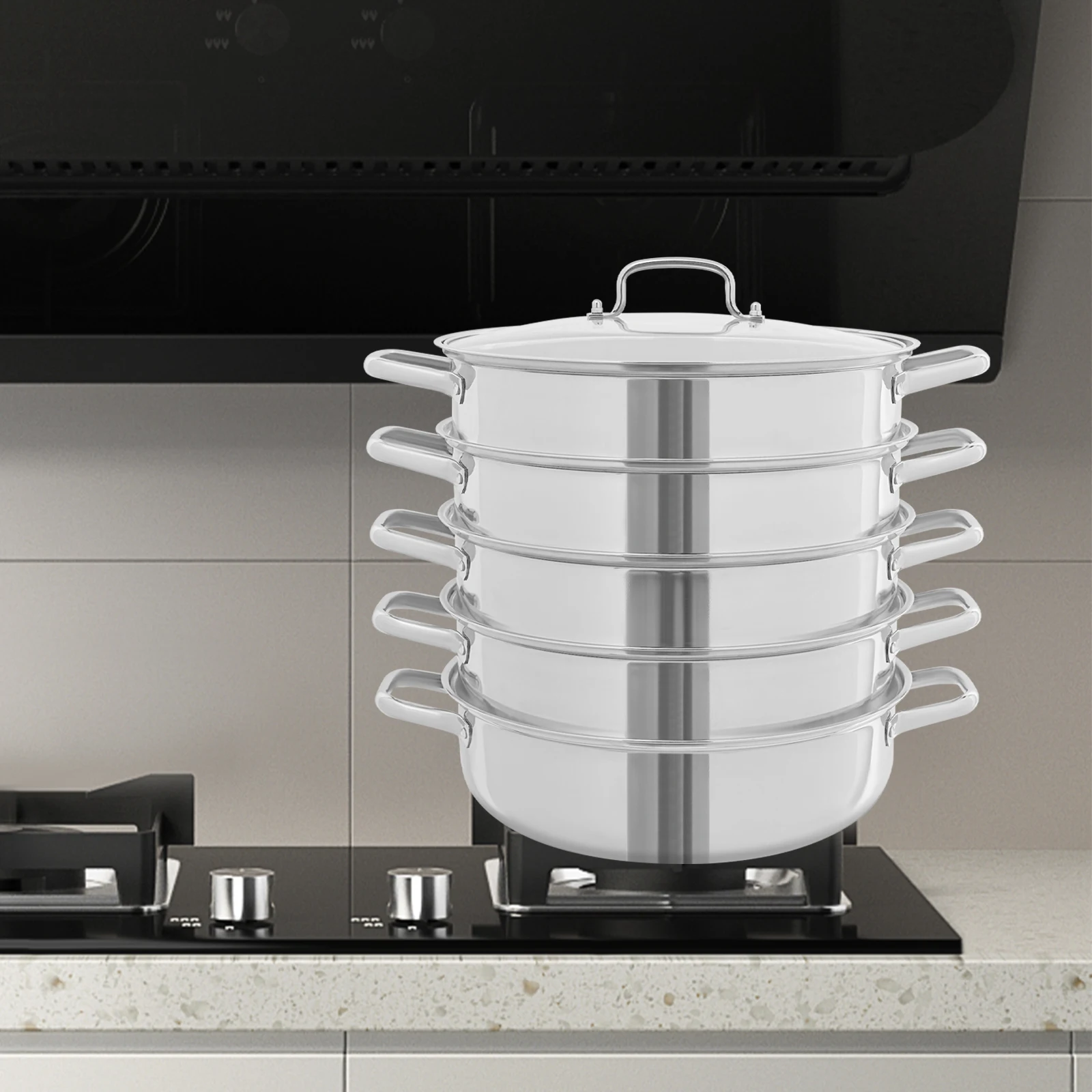5-stufiger 32 cm Dampfkocher, Edelstahl-Dampftopf mit 4 Dampftabletts, Fleisch- und Gemüse-Dampftopf, Küchenkochgeschirr mit Deckel für – Detail 6