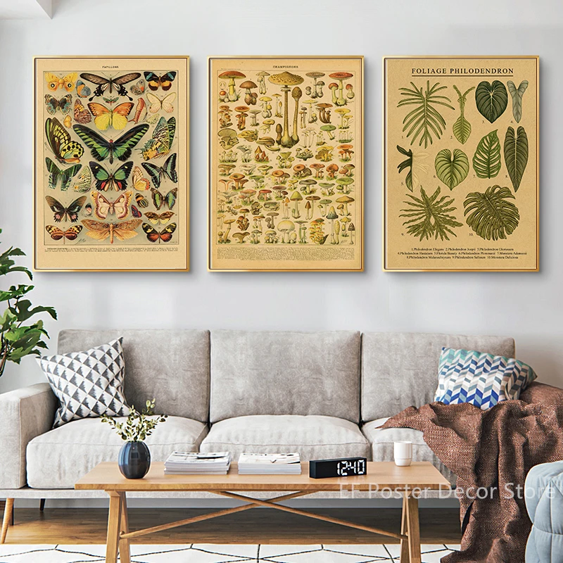 Wall Art Print Botanical Art Prints Mushroom Retro Poster Animal/Flower/Plant/Leaf/Butterfly Study Painting Vintage Study Room Home Wall Decor