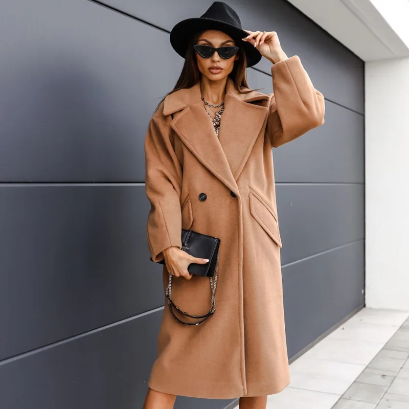 

Женское модное однотонное двубортное шерстяное пальто средней длины с воротником-костюмом, пальто для женщин