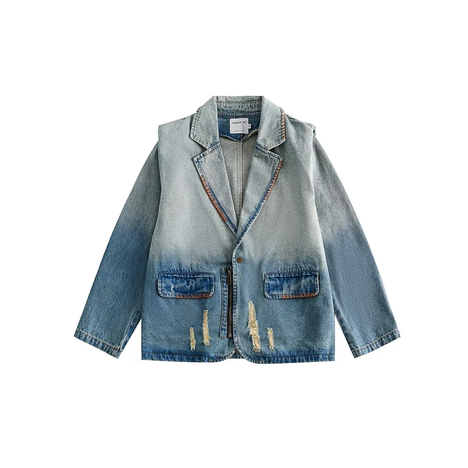 Woman ClothingMen And 'S Lapel Denim Jacket, Women'S Coat, Neutral Fashion, Niche, Washed Gradient, Autumn