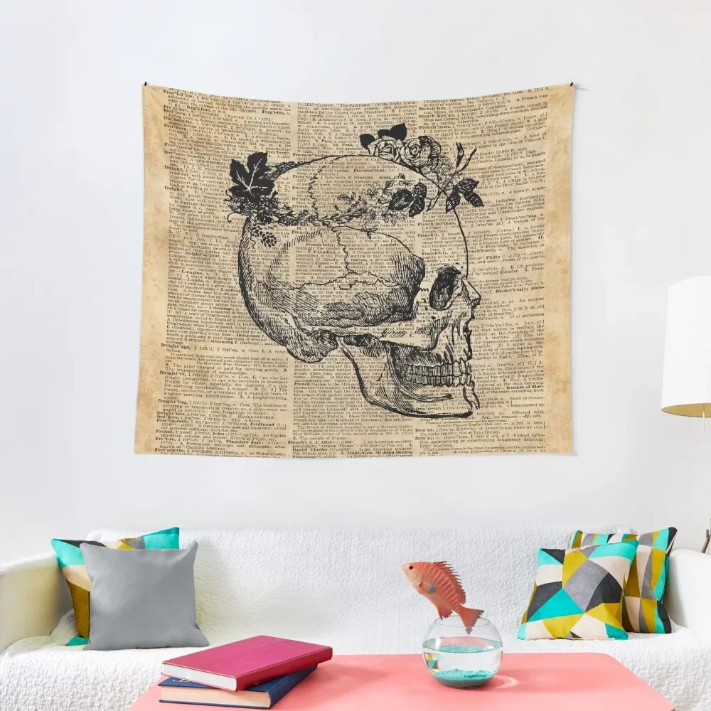 

Skull in Floral Wreath Ink Drawing Dictionary Art Tapestry For Bedroom Room Decorations Funny Home And Comfort Decor Tapestry