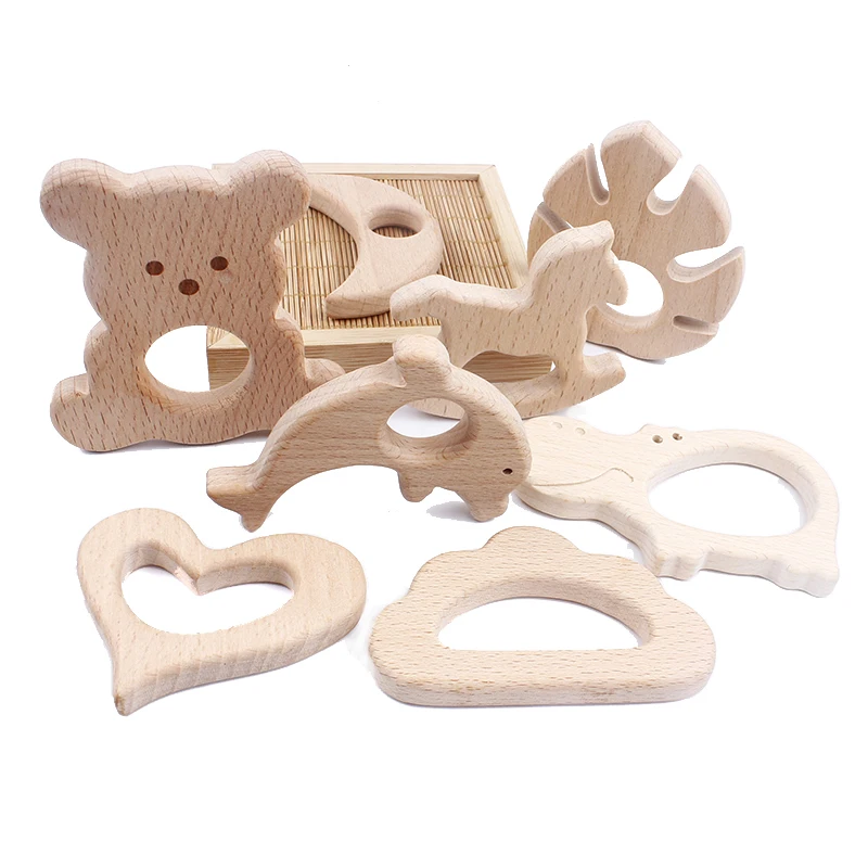 

3Pcs Wooden Teether Pendant Food Grade Animal Elephant Dolphin Baby Teether Beech Pacifier Chain Accessories Nursing Gift Toys
