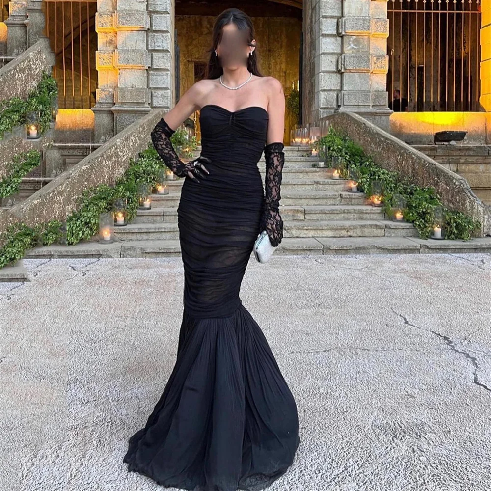 

MINGLAN Elegant Black Strapless Full Sleeve Mermaid Formal Long Evening Dress Floor Length Sweep Train Classy Prom Gown New