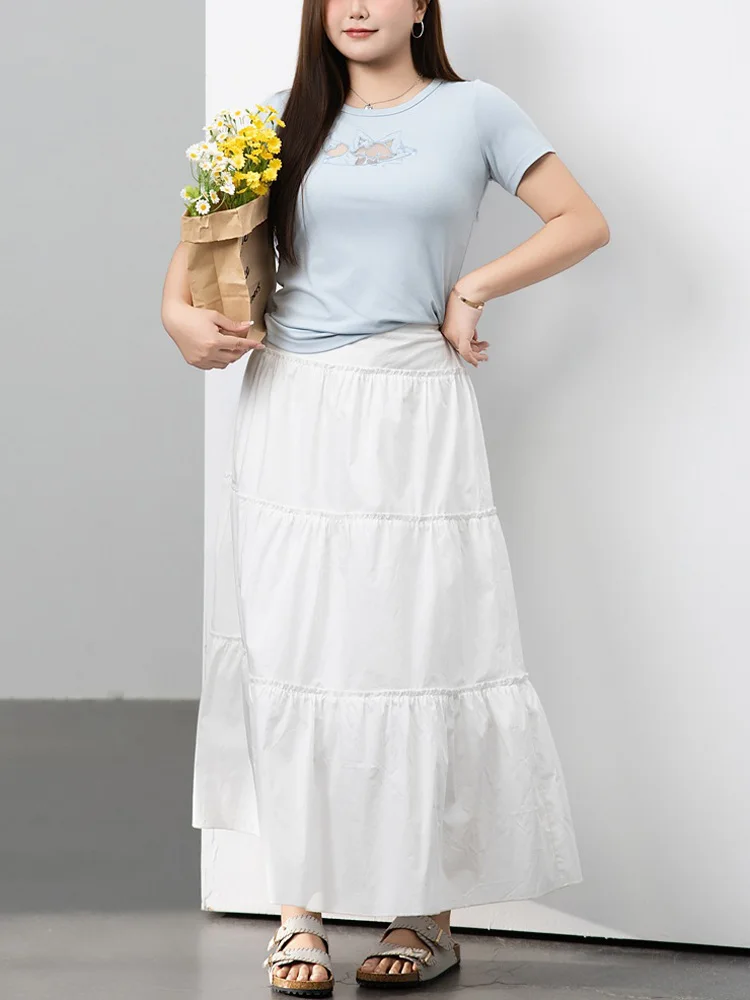 Plus Size Women's Sets Preppy Style Casual Little Fox hollowed-out Embroidered short-sleeved T-shirt And White Cake Long Skirt