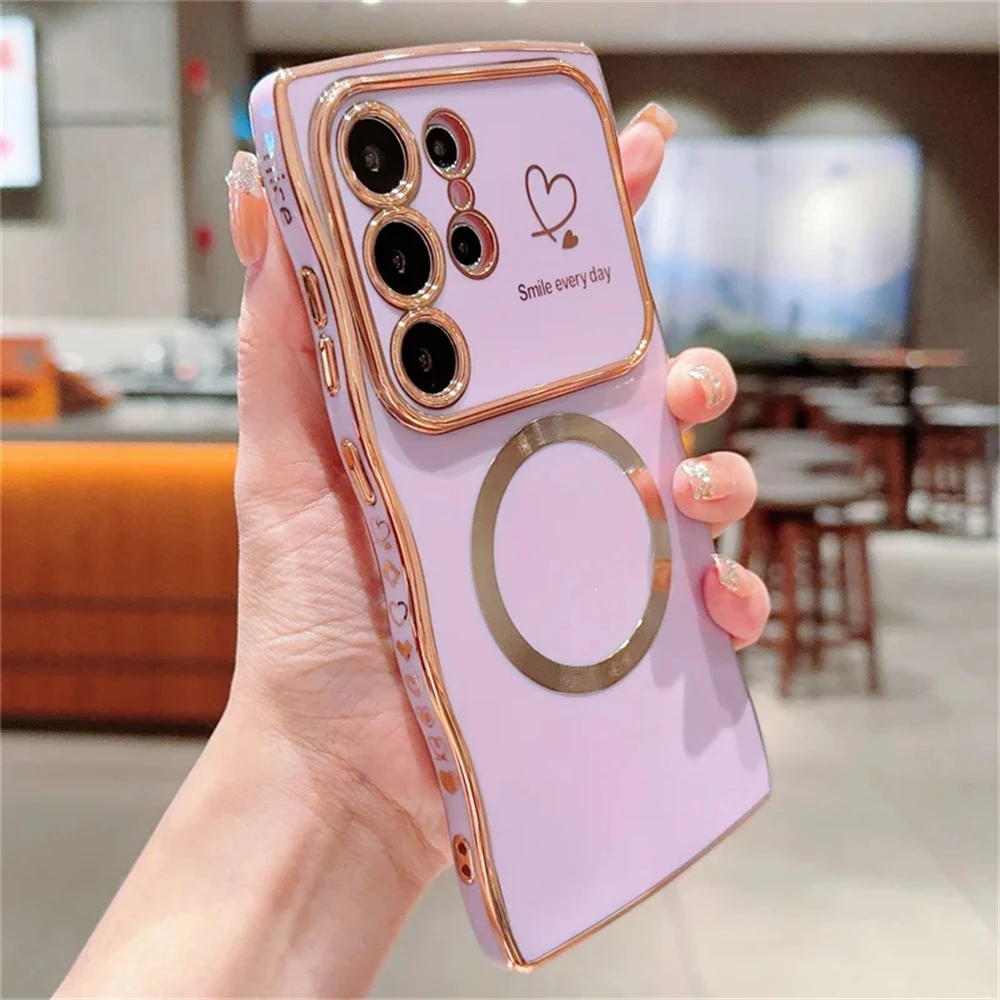 Wave Electroplated Love Heart Magnetic Phone Case with Soft TPU Cover