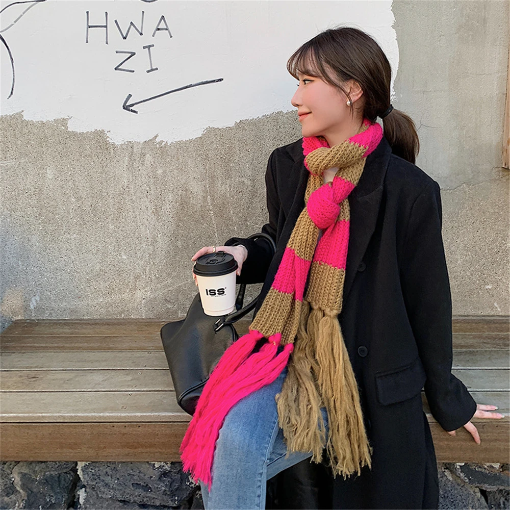 

Mohair Striped Knitted Scarf Women's Long Fringed Shawl Winter Warm Scarf Fashion Shawl Foulards Japanese Streetwear Scarf