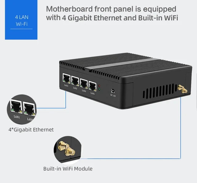 BEBEPC Mini PC senza ventola Router firewall Intel Celeron J1900 N2830 4 LAN Pfsense Ubuntu Windows 10 Computer industriale PC 4