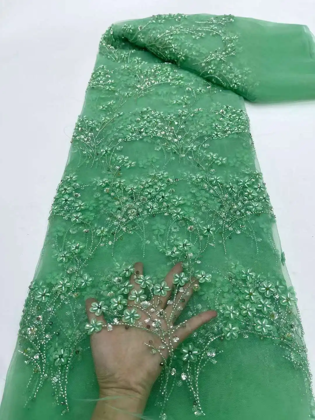 

2024 Pretty Beads With Laser Flowers 3D Embroidery French Tulle Net /Beaded African Lace Fabric For Evening Dresses Weddings