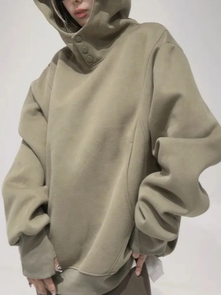 Autumn and Winter New American Retro Button Design Turtleneck Tide Niche Solid Color Simple Versatile Hooded Sweatshirt Clothes