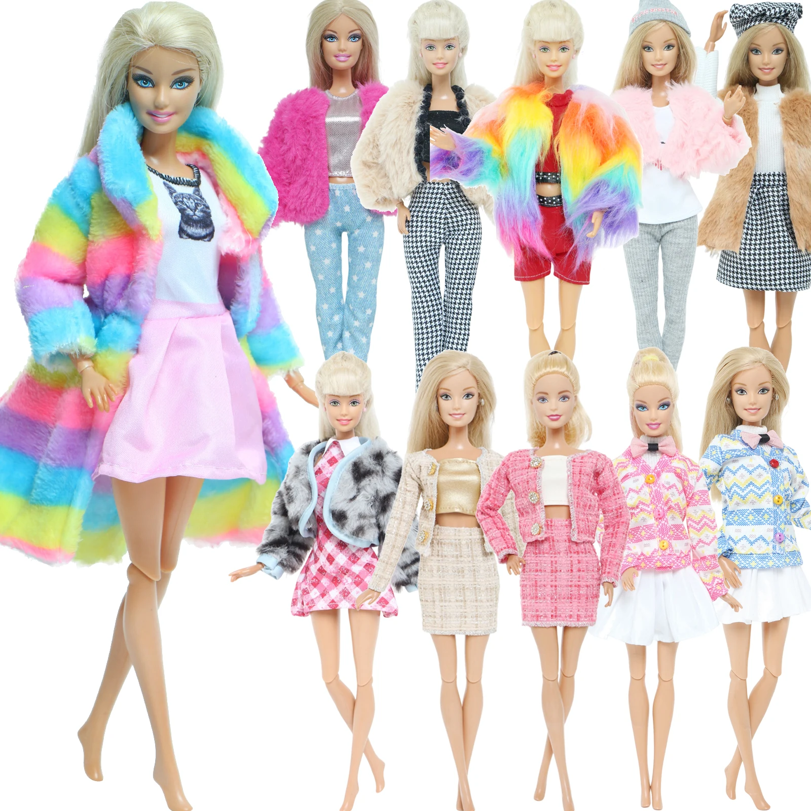 Handmade Doll Dress for Barbie Doll Colorful Fur Coat Pink Cute Cat Mini Gown Skirt Daily Outfit Clothes Kids Toy Accessories