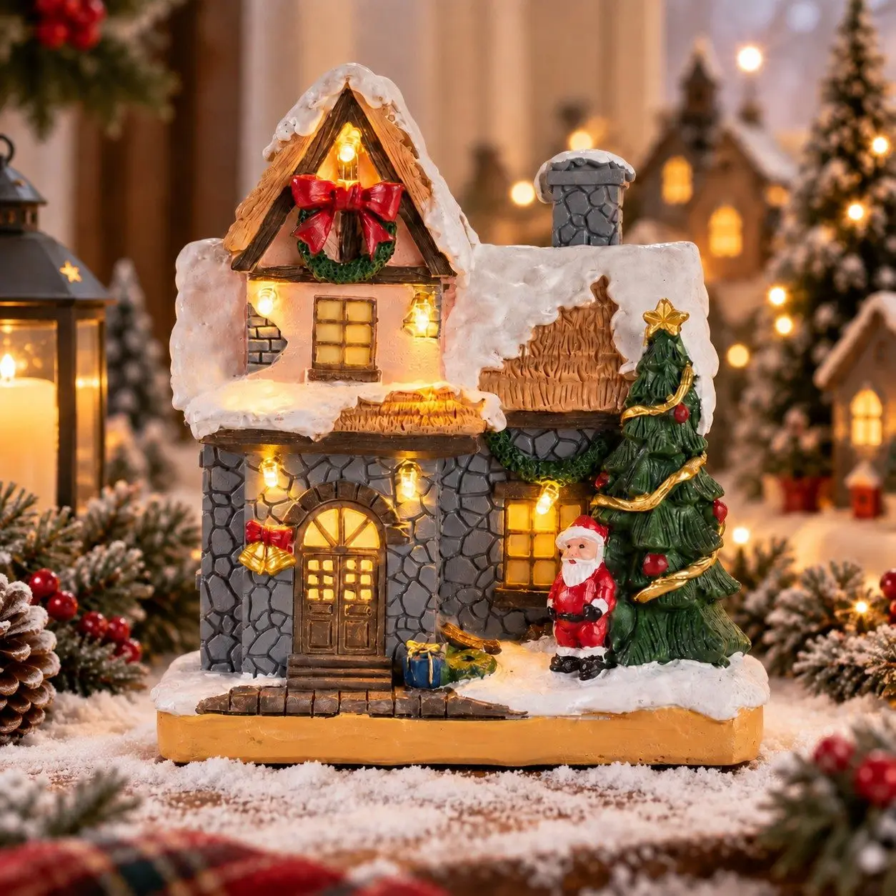 Weihnachtsdorf-Haus LED-Beleuchtete Sammlerfigur Schneehütte Weihnachtsmann Baum Tisch Weihnachts-Heimdekoration Geschenk